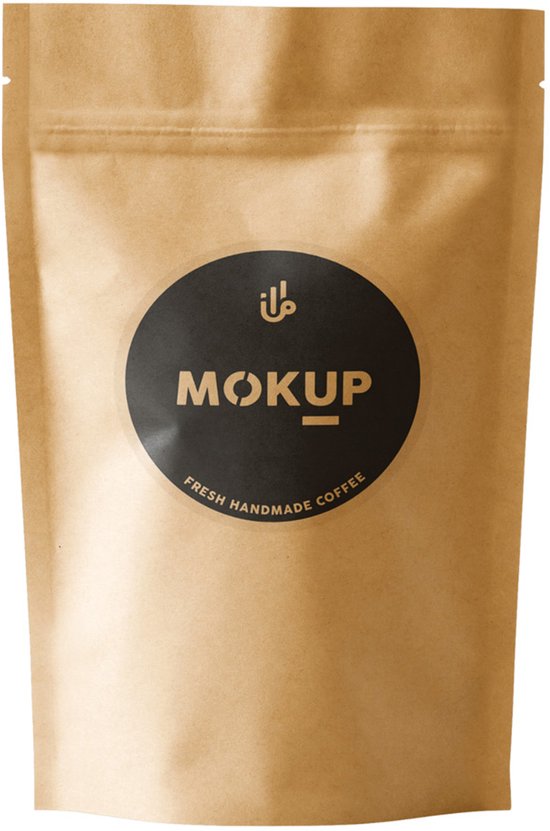Bruine papieren zak met zwart Mokup-logo. "FRESH HANDMADE COFFEE" staat onderaan.