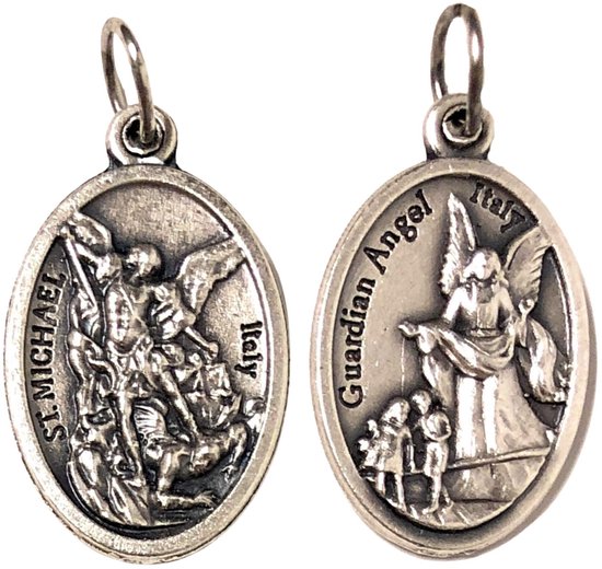 Pendentif Medaillon de l'Archange Michel et de l'Ange Gardien - Pendentif catholique double face d'Italie pour collier - Bible en métal argenté antique - 20x15 mm