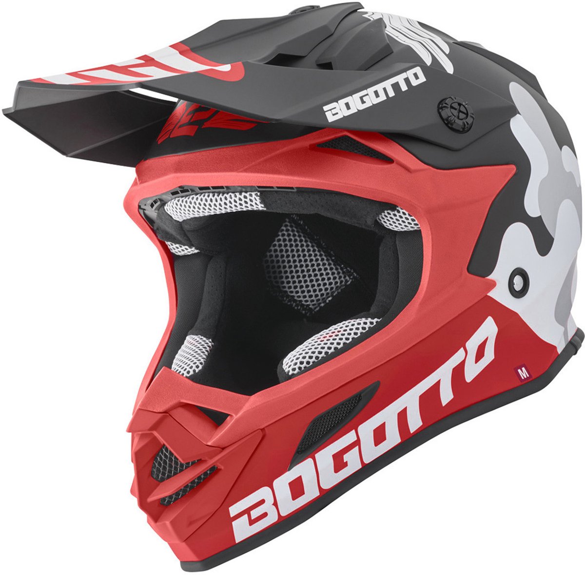 Bogotto V328 Camo Fiberglass Zwart Wit Rood Crosshelm - Maat S - Helm