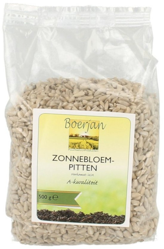 Zak Boerjan Zonnebloempitten 500 g met etiket waarop 'Boerjan Zonnebloem-pitten' staat.
