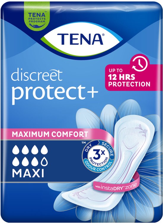 TENA Discreet Protect+ Maxi inlegkruisjes, verpakking met 12 stuks. Blauw en wit met bloemmotief. Maximale comfort.