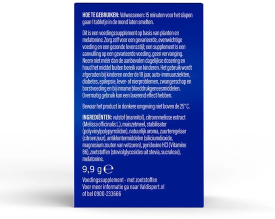 Ingrediënten: vulstof (mannitol), citroenmelisse extract, stabilisator, aroma, zuren, antiklontermiddelen, magnesium zouten, pyridoxine HCl (vitamine B6), zoetstoffen. 9,9 g e. Voedingssupplement met zoetstoffen.