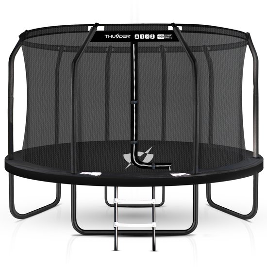 Trampoline THUNDER® | ELITE 12FT BLACK | Ø366cm | Ronde Trampoline voor Kinderen en Volwassenen | Max. 150 kg | Complete Set | Stevig Frame - Met trapje |