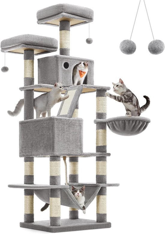 Hoppa! Arbre à chat, arbre à chat de 168 cm de haut avec 13 arbres à chat, 1 rampe à gratter, 2 plateformes, 2 grottes, panier, hamac, pompons, arbre à chat multi-niveaux pour grands félins