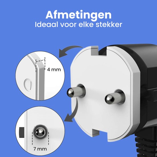 Close-up van een stekker en een stopcontact met afmetingen: 4 mm en 7 mm. "Afmetingen, ideaal voor elke stekker".