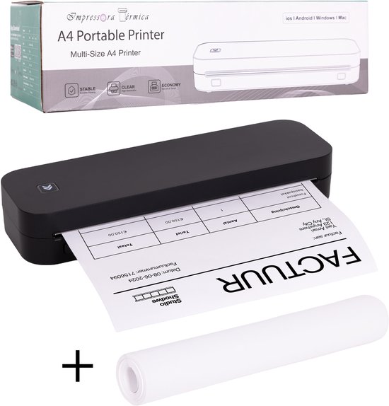 Impressora Térmica® - Portable Printer A4 - Mini Printer - 304 DPI - Draadloze Printer - Pocket Printer - Mobiele fotoprinter - Kantoor - School - Speelgoed - A4 printer - Inclusief een rol thermisch papier - Zwart