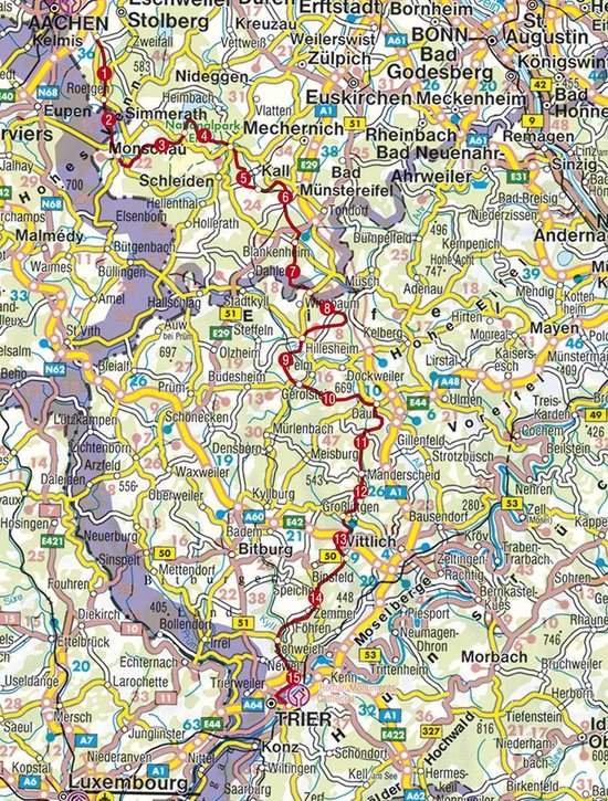 Gedetailleerde kaart van de Eifel regio in Duitsland, met steden en wegen.
