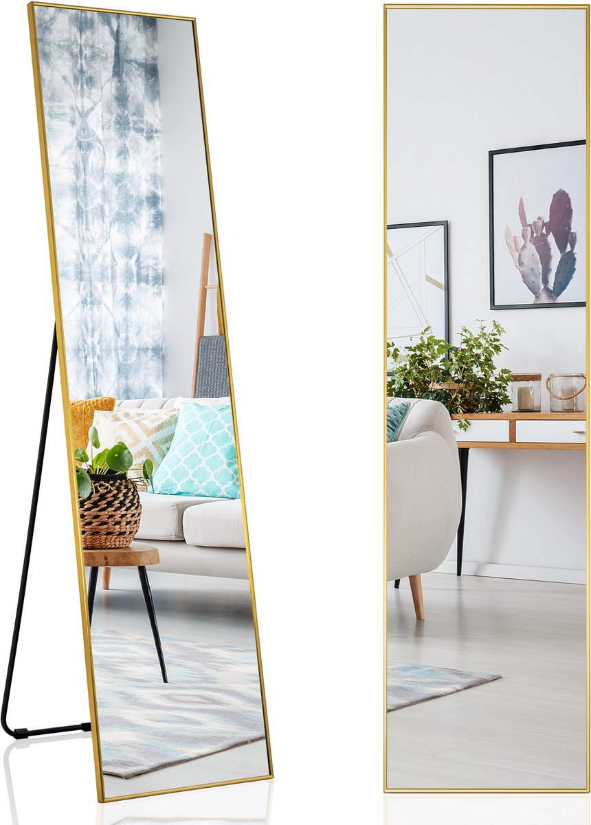 Costway 160 x 40 cm full-body spiegel, 2-in-1 staande spiegel en wandspiegel, kleedspiegel, garderobespiegel voor slaapkamer, woonkamer en entrée Goud