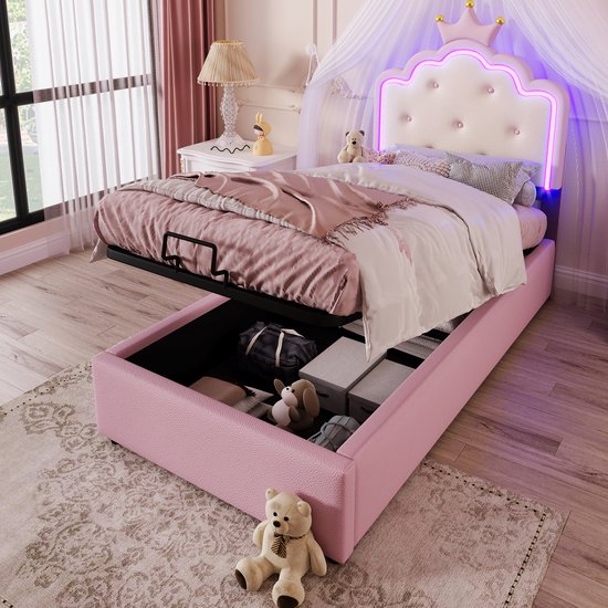 Gestoffeerd bed - 90 x 200cm - zonder matras - op afstand bedienbaar sfeerlicht - Kroonprinsesvorm - Hydraulische opbergruimte - PU - Roze