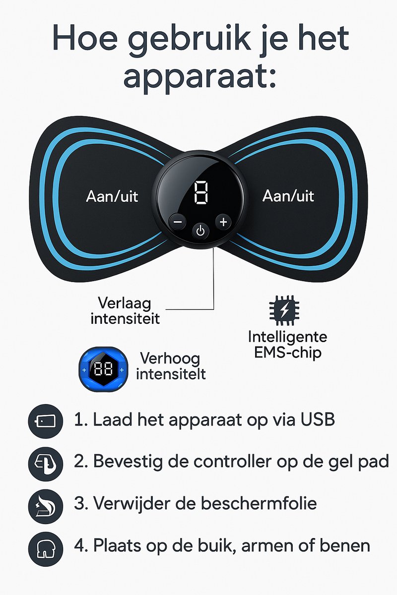 Afbeelding 2 van EMS Massage Apparaat-massage- TENS -10Stuks- Spierstimulatie - Stimuleert Bloedsomloop - Geschikt voor Rug, Armen en Benen - Draadloos - 54 standen - Zwart/Blauw