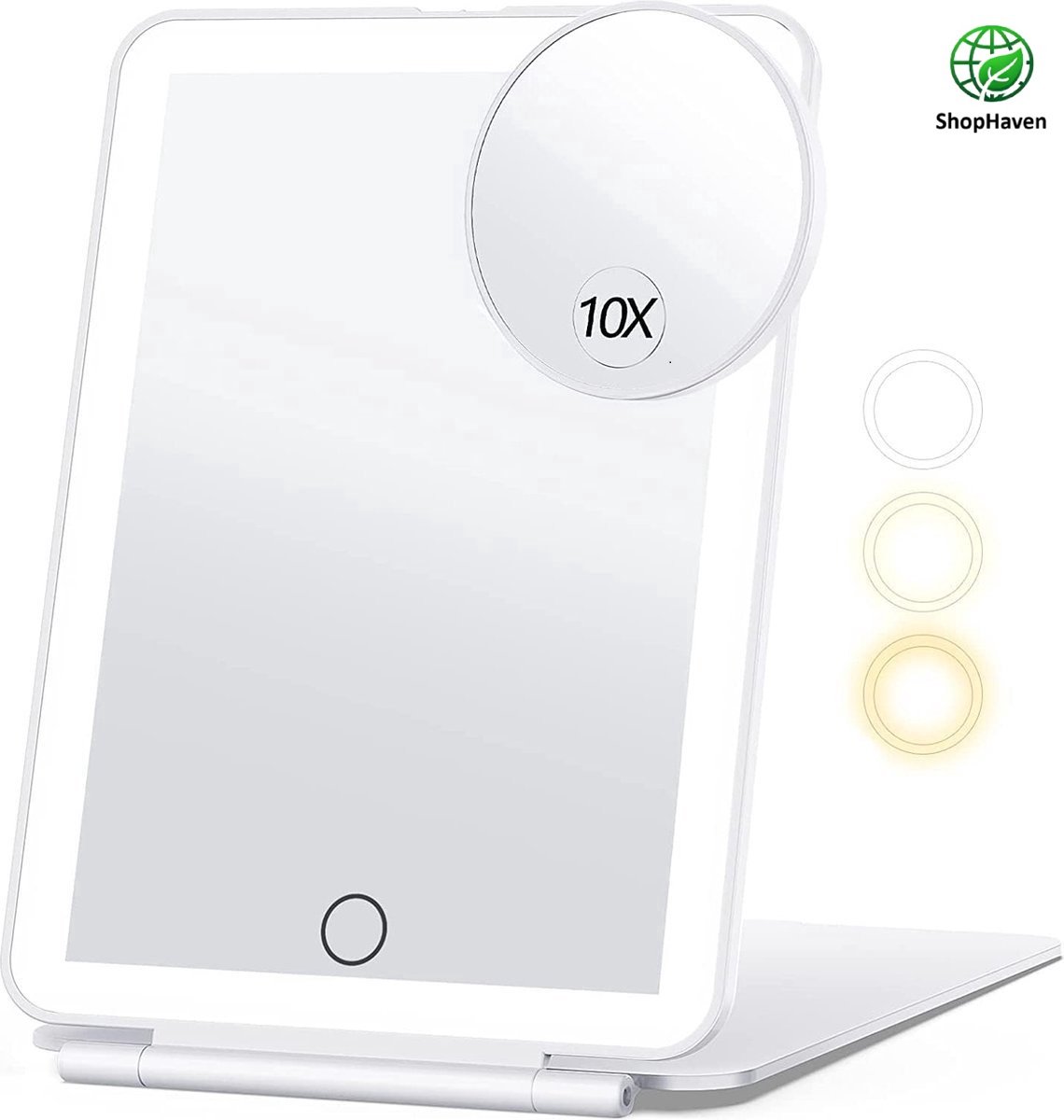 Goedkoopste Vergrotende Make-upspiegel met LED Verlichting - Draagbaar - Compact Design - Vergrotingsopties - Draaibare Spiegel - 80 LED's, 3 kleuren verlichting