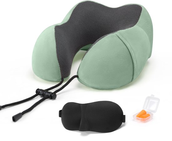 SKYCASES Travel Essentials - Nekkussen Set 3-delig - Ergonomisch Memory Foam Reiskussen met Oogmasker en Oordoppen - Ideaal voor Vliegtuig, Auto en Trein - Compact en Luxe - Groen