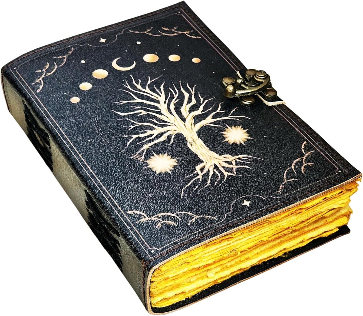Leren Notitieboek - Levensboom met Maanfases - 18cm x 13cm x 3,5cm - Leren Journal - Notitieboek - Schrijfboek - Journal - Schetsboek - Notebook - Notitieboek met Levensboom - Tree of Life journal