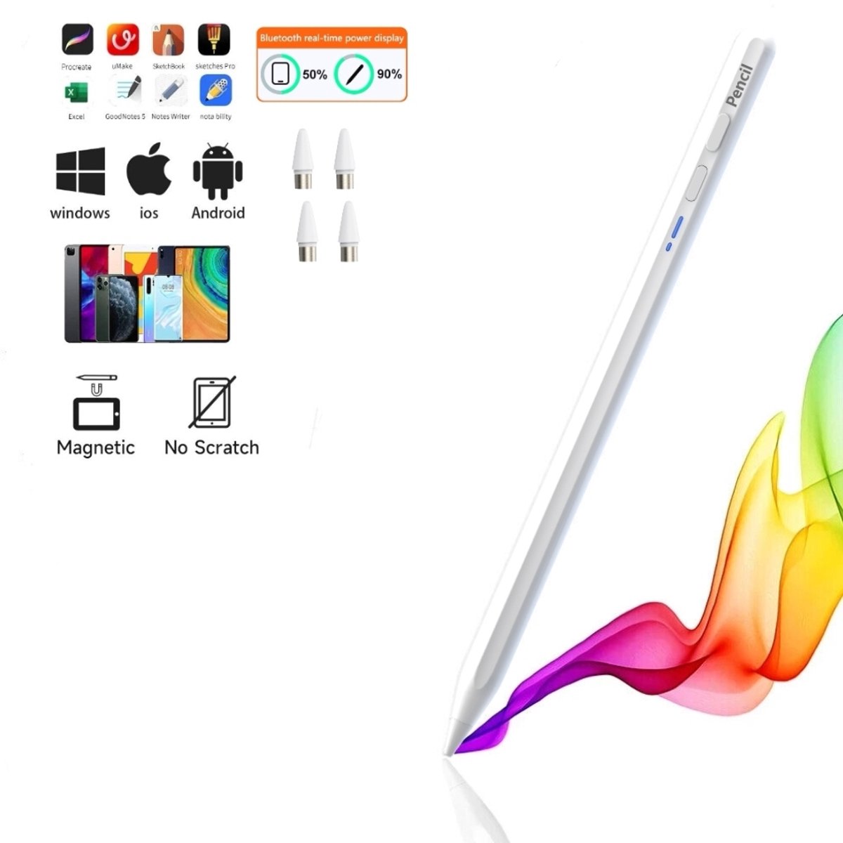 Universele Stylus Pen voor iPad & Android – Apple Pencil Alternatief met Bluetooth-Lange Batterijduur-Magnetische Grip & Luxe Etui-4 extra punten