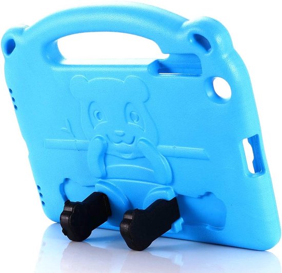 Coque de tablette bleue avec motif panda, poignée et support pattes noires.