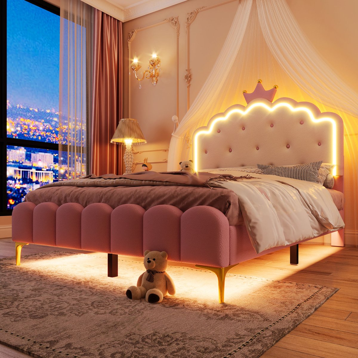 Gestoffeerd bed - 140 x 200cm - met lattenbodem - zonder matras - sfeerlicht met afstandsbediening - kroonprinsesvorm - PU - roze