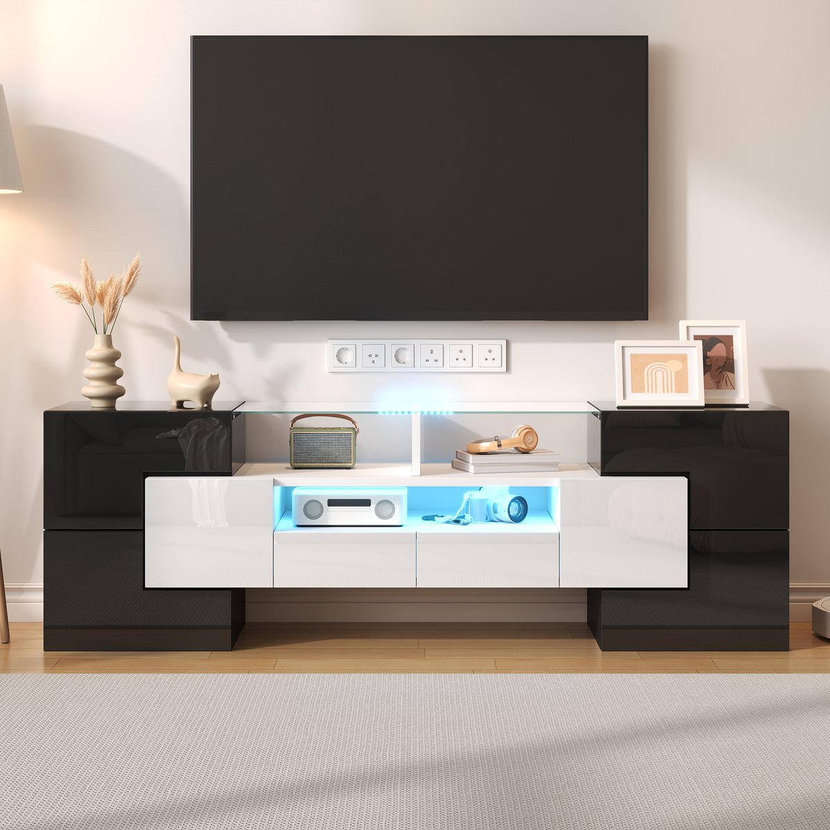 Sweiko TV-meubel - Hoogglans - 145 cm - Met LED-verlichting - Glazen blad - Zwart + Wit