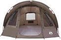Bruine 2-persoons tent met twee deuren, vier ramen en ventilatieopeningen.