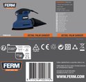 FERM detail palm schuurmachine PSM1039, met specificaties en toebehoren zoals schuurvellen en stofzak.