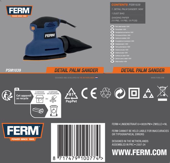 FERM detail palm schuurmachine PSM1039, met specificaties en toebehoren zoals schuurvellen en stofzak.