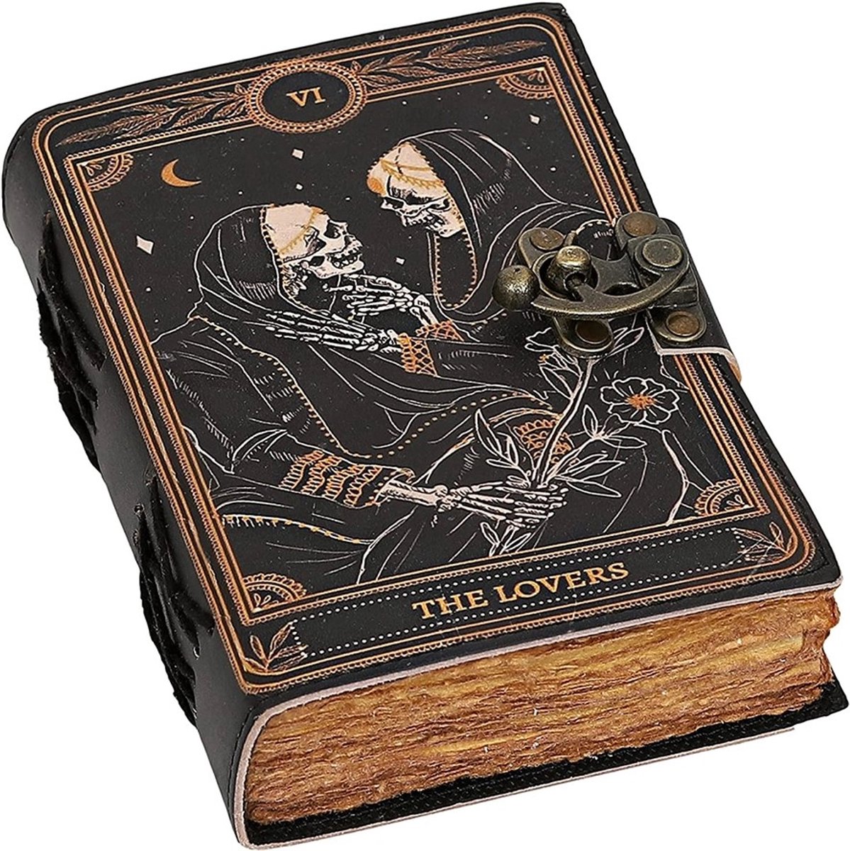 Leren Notitieboek - Grimoire - Leren Notitieboek met Skeletten print - Leren Dagboek - Notitieboek - Schrijfboek - Journal - Schetsboek - Notebook - The Lovers - 18x13x4cm