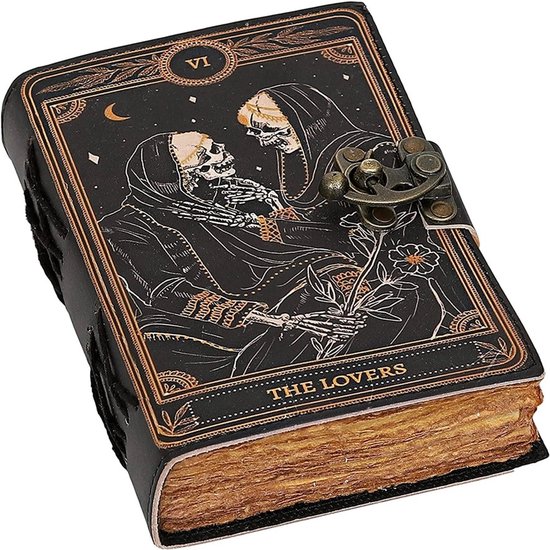 Leren Notitieboek - Grimoire - Leren Notitieboek met Skeletten print - Leren Dagboek - Notitieboek - Schrijfboek - Journal - Schetsboek - Notebook - The Lovers - 18x13x4cm