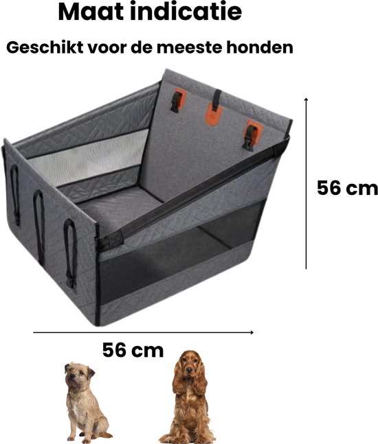 Grijze autostoel voor honden, 56x56 cm, met twee honden op de voorgrond.