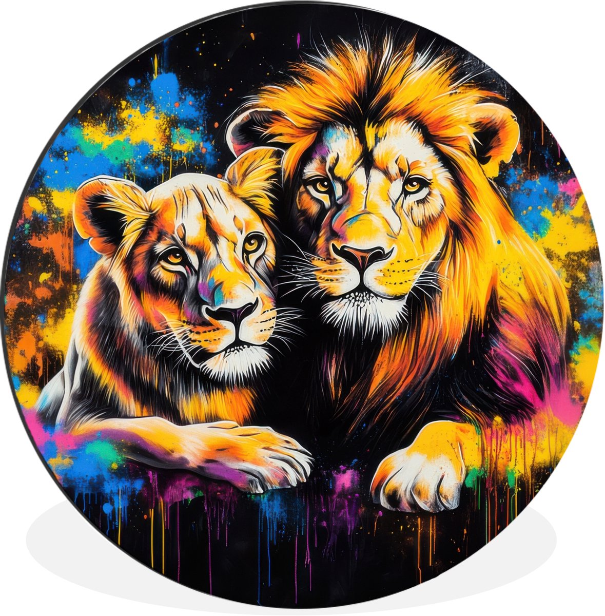 WallCircle Wandcirkel - Muurcirkel - Leeuwen - Schilderij - Kleuren - Aluminium - Dibond - 120x120 cm - Binnen en Buiten