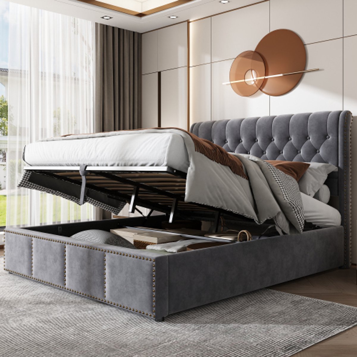 Gestoffeerd bed, met hydraulische hendel, functioneel opslagbed, klinknagrecoratie, 160 x 200 cm, zonder matras, fluweel, grijs