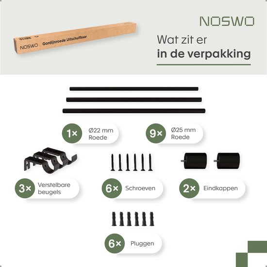 Tringle à rideaux Noswo - Extensible - 183 à 366 cm - Tringle à rideaux - Tringles à rideaux Complète - Métal - Zwart
