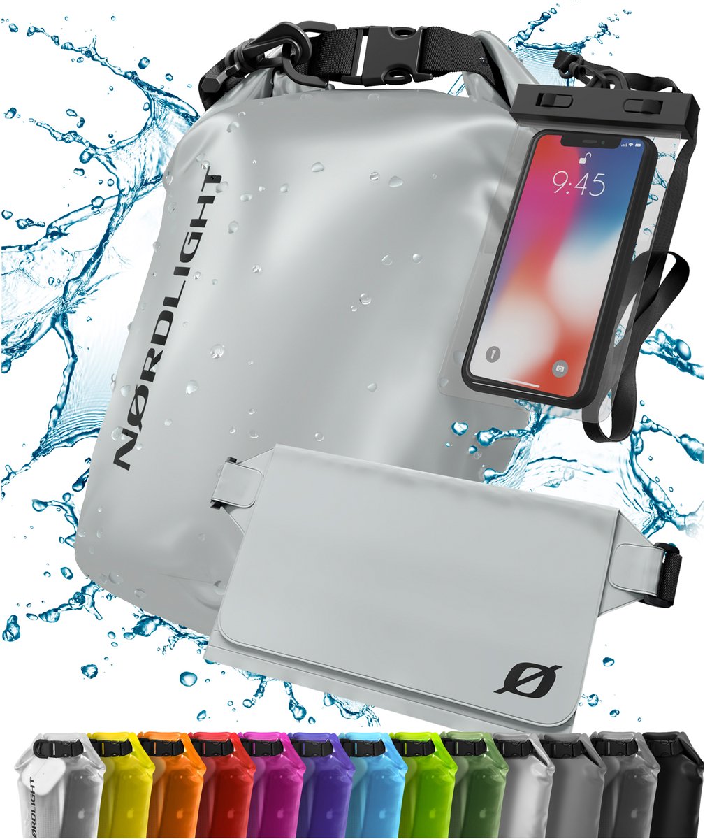NORDLIGHT Waterdichte Dry Bag met telefoonzak en heuptas - (10L, Antraciet) Waterdichte droge zak met rolsluiting | Zwemmen, varen, strand, staand peddelen
