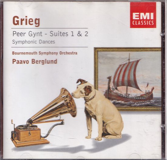 CD-hoes met schilderij van een hond die luistert naar een grammofoon, met een Viking-schip op de achtergrond.
