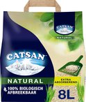 Catsan Natural kattenbakvulling zak met witte kat op wolk, tarwe en groene bladeren.