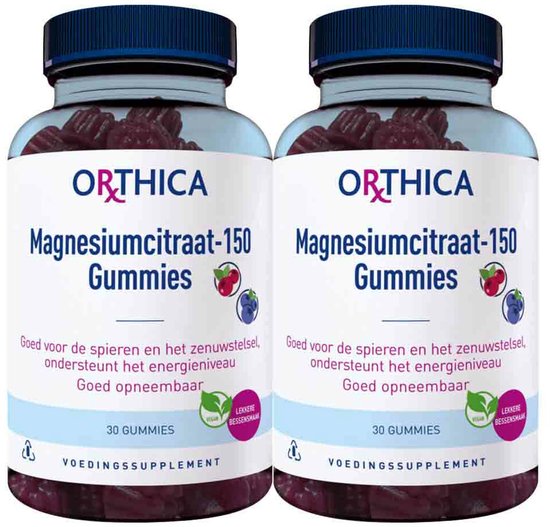 Twee potten Orthica Magnesiumcitraat-150 Gummies. Elke pot bevat 30 gummies.