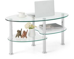 COSTWAY Salontafel van glas, glazen tafel, ovaal, woonkamertafel met 2 planken, banktafel, koffietafel, bijzettafel voor woonkamer, 89 x 50 x 45 cm