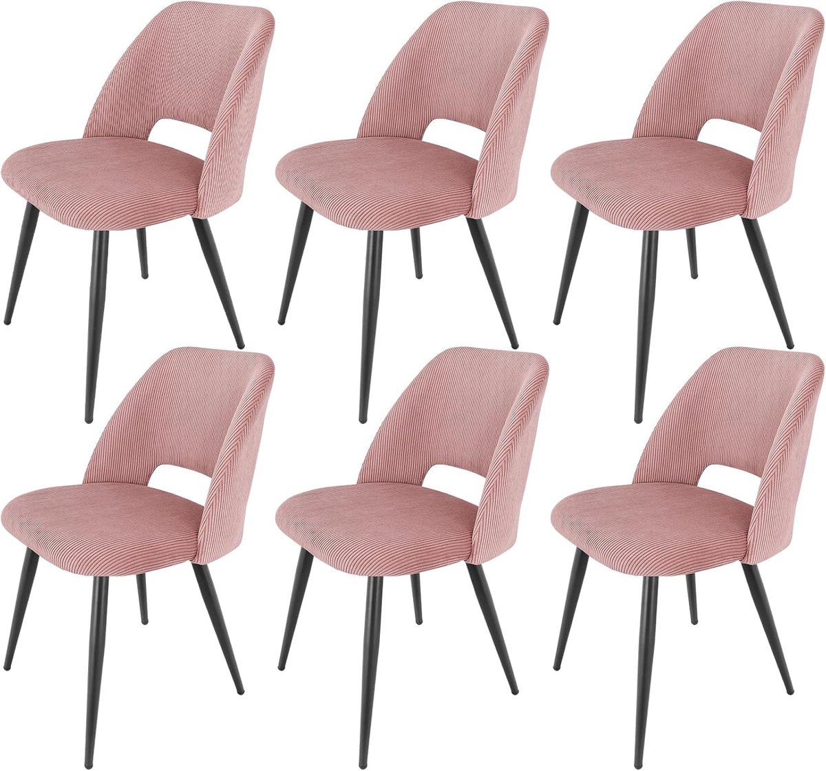 Set van 6 Eetkamerstoelen in Roze Corduroy met Dikke Kussens en Metalen Poten