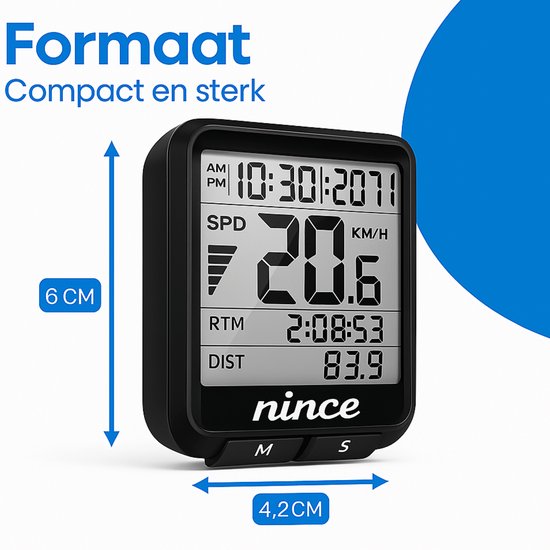 Nince Draadloze Fietscomputer – Kilometerteller Fiets – Waterdicht – 17 Functies – Eenvoudig te Installeren