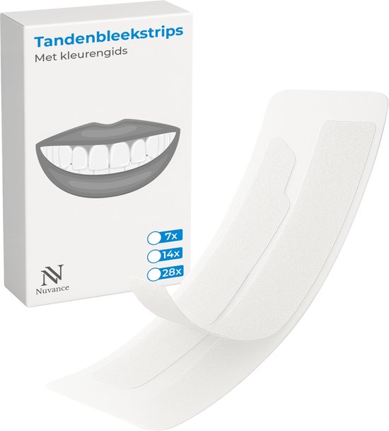 Doosje tandenbleekstrips met illustratie van een lachende mond, met twee witte bleekstrips ernaast.
