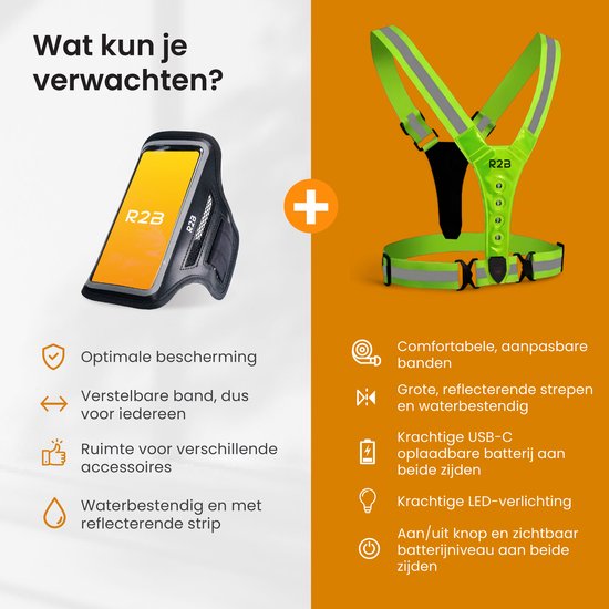 Groen hardloopvest met reflecterende strepen en een telefoonhoesje. Waterdicht met verstelbare band.