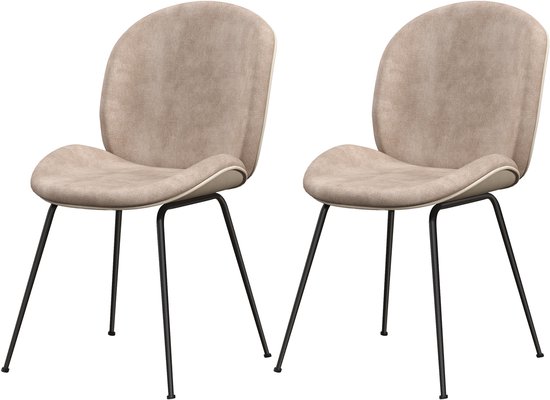 Twee taupe eetkamerstoelen met beige achterkant en zwarte metalen poten, geïsoleerd.
