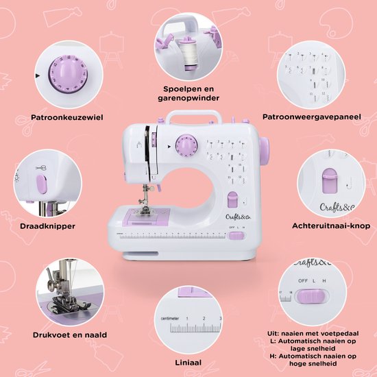Crafts&Co Naaimachine voor Beginners en Kinderen Set - 12 Naaipatronen - Lichtgewicht - Hobby & Creatief - Kindernaaimachine - Naaiset - Sewing Machine - DIY - Interactief en Educatief Speelgoed - Cadeau voor Meisjes - 8, 9, 10, 11, 12, 13 Jaar - Wit