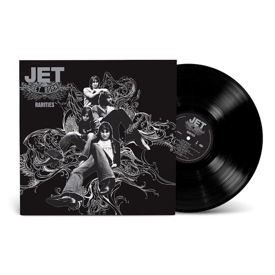 Vinylhoes met Jet bandleden en 'Get Born Rarities' logo. Zwart met witte opdruk.