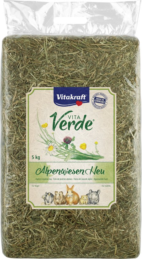 Vitakraft Vita Verde Alpenweidenhooi, 5kg verpakking met gedroogd gras. Label met planten en kleine knaagdieren.