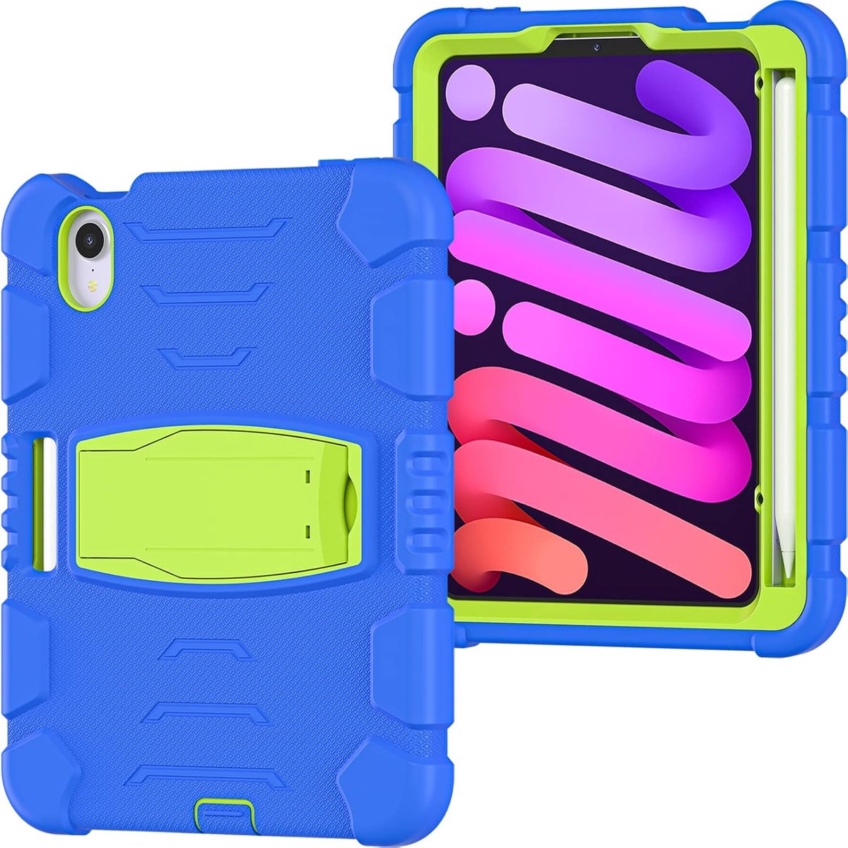 Tablethoes geschikt voor Apple iPad Mini 6 en 7 (8.3 inch)– Duurzame Schokbestendige Beschermhoes met Penhouder, 360° Draaibare Standaard & Schermbescherming – Groen/Blauw