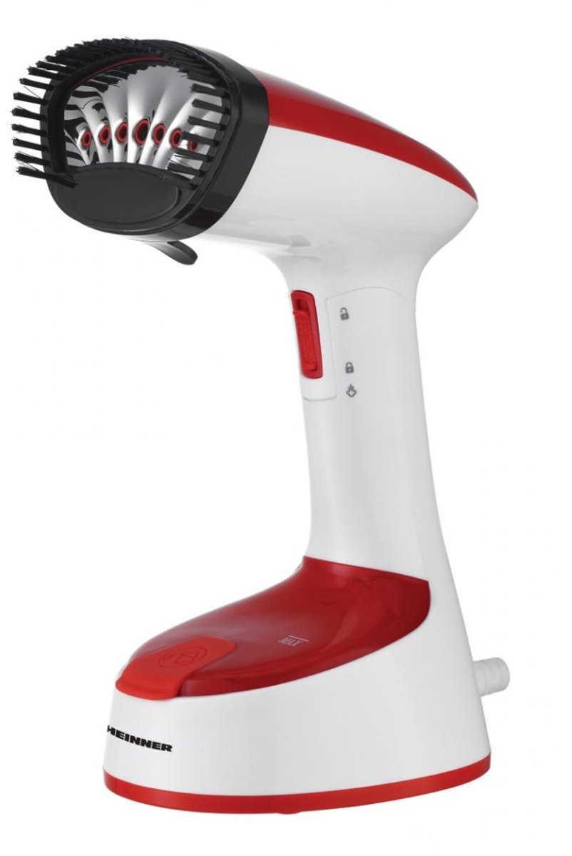 Heinner Kledingstomer – 1240-1470 W – Waterreservoir 120 ml – Opwarmtijd 30 sec – Continue Stoom – RVS-stoomplaat – Opvouwbare Handstomer – Rood/Wit