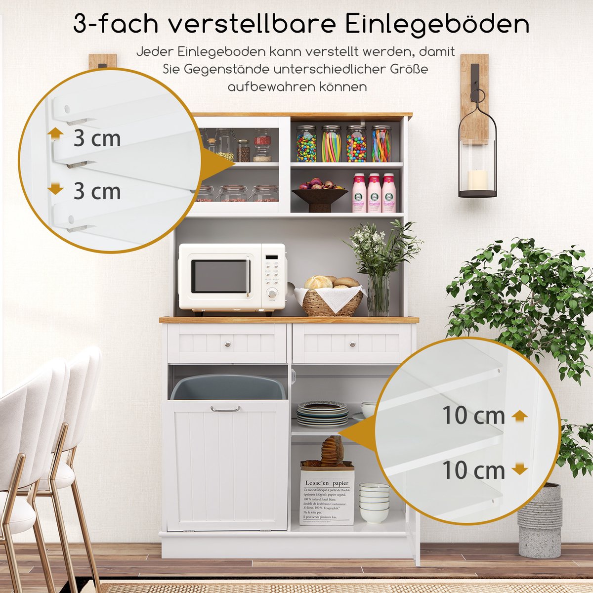 COSTWAY Keukenkast, voor 38 liter vuilnisemmer (niet inbegrepen), buffetkast met werkblad, lade en verstelbare planken, hoge kast keuken, hout voor magnetron, 100 x 34 x 172 cm, wit – foto 6