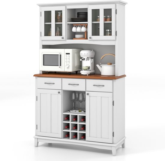 COSTWAY Meuble de cuisine, buffet de cuisine avec 3 tiroirs, casier à vin, étagères ouvertes et plan de travail, buffet, meuble haut avec étagères réglables, 112 x 43 x 184,5 cm, blanc