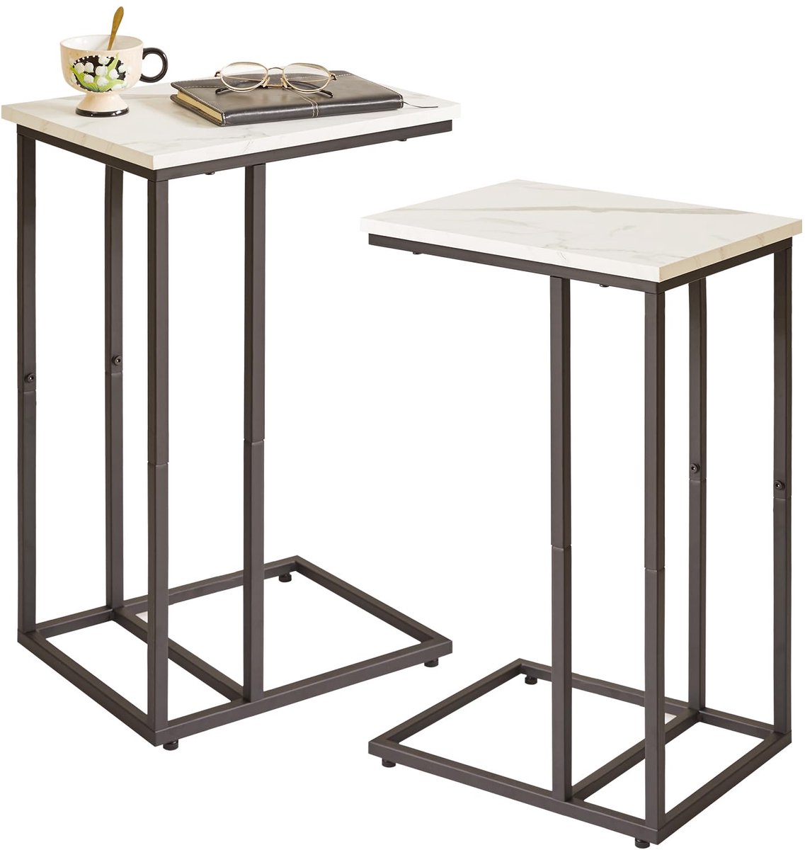 Unyqoos ® Stijlvolle en Functionele C-vormige Bijzettafel Set met Marmerlook en Houten Planken bruin