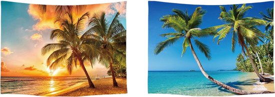Ulticool - Tapisserie - Plage Nature Mer Île Palmier Coucher de Soleil - Set de 2 Motifs - 73 cm x 95 cm - Peinture Tissu Tapisserie - Poster Art - Oranje Vert Blauw