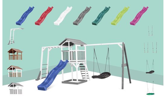 AXI Beach Tower Speeltoestel in Grijs/Wit - Speeltoren met Enkele Schommel, Limoen Groene Glijbaan en Zandbak - FSC hout - Speelhuis op palen voor de tuin